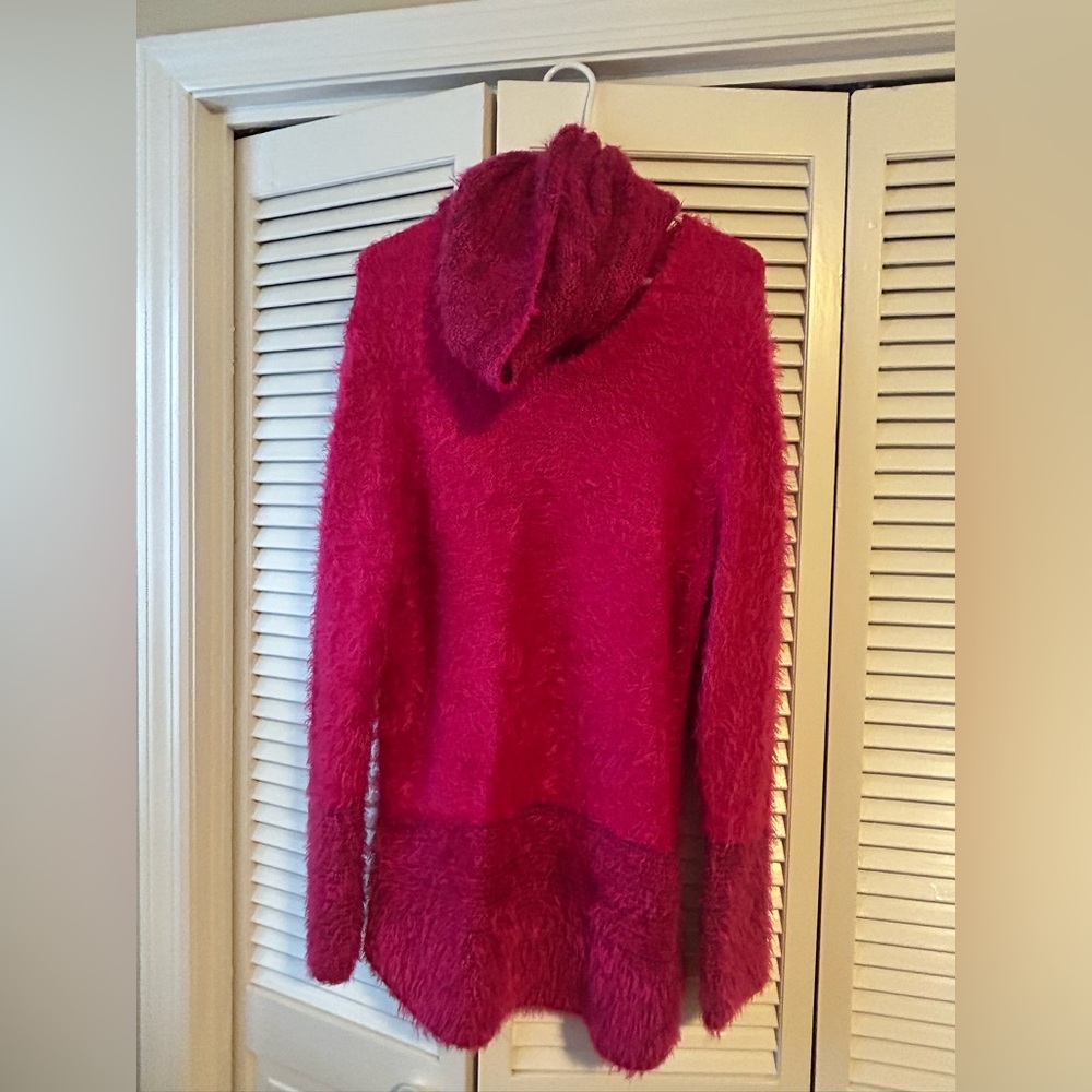 Fuzzy pink sweater w/removable cowl neck. Sweater v neck w/ cowl neck removed.